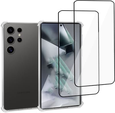 Geschikt voor Samsung Galaxy S24 Ultra - Hoesje + 2x Screenprotector – Full Cover Gehard Glas + Shock Proof Case – Transparant