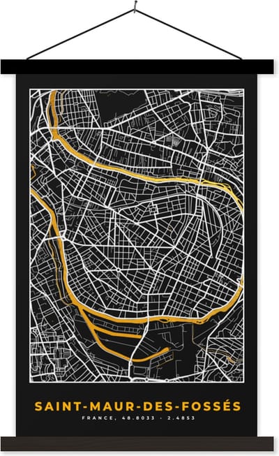 Posterhanger incl. Poster 40x60 cm - Schoolplaat - Saint-Maur-des-Fossés - Stadskaart – Frankrijk – Kaart – Plattegrond - Textielposter - Zwarte latten - Stadskaart
