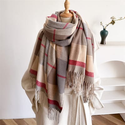 Wintersjaal - Veelzijdige kwastjessjaal - Wintermode - Damessjaal - Zacht en warm - Herfstsjaal - Sjaal - Dames wintersjaal - Warme sjaal - Warme nekwarmer - Geruit - Perfect cadeau voor vrienden en familie - Khaki rood - 210x 70 cm