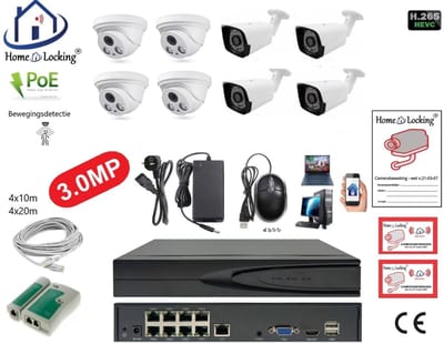 Home-Locking complete set PoE camera beveiligingssysteem met bewegingsdetectie camera's en NVR 8ch 8MP H265 met 4 dome en 4 bullet camera's 3.0MP CS-8-1519