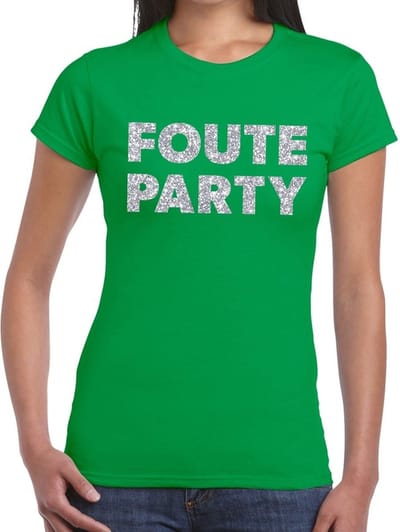 Foute Party verkleed t-shirt - zilveren glitter tekst - groen - voor dames - Party kleding XS