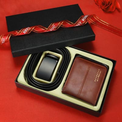 Heren Riem Portemonnee Combinatieset Koeienhuid Leer Automatische Gesp Broekriem Portemonnee Geschenkdoos 120cm