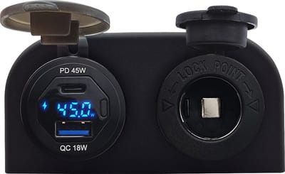 ProRide 12V USB/USB C Autolader 2 Poorten Opbouw met Wattagemeter - 45W/QC3.0 - met 12/24V Sigaretten stopcontact - Blauw