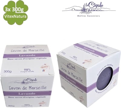 Savon De Marseille zeep 3x300g glycerine en provinciaalse LAVENDEL origineel Frans zeepblok CUBE La Cigale