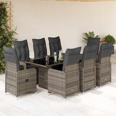 vidaXL - 9-delige - Bistroset - met - kussens - poly - rattan - grijs