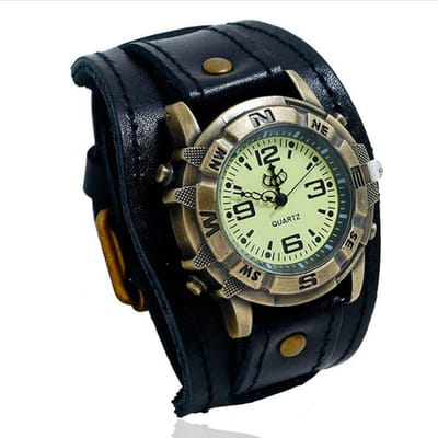 Retro Horloge Grote Brede Echt Lederen Band Horloge Mannen Punk Kwarts Manchet Horloge Polshorloges Armband Ongewoon Polshorloge beige