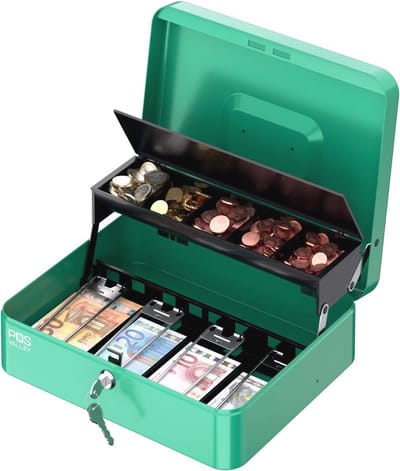 Draagbare Geldcassette van IJzer met Veiligheidsslot, Muntvak en Stalen Veren - 30 x 24 x 9 cm - Groen