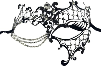Venetiaans Masker vrouw - met zilveren kettinkjes - elegant zwart metalen gala masker met schitterende glinsterende 3D strass - Gemaskerd bal masker met de hand gelaserd - carnaval accessoires -