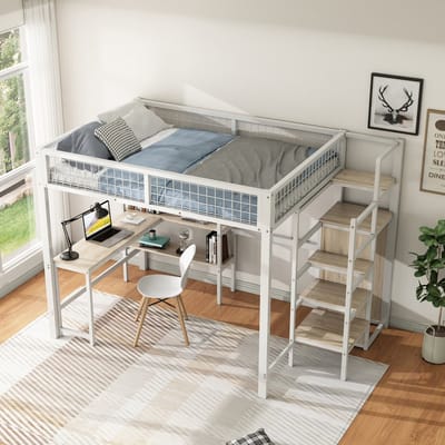 Hoogslaper - 140x200 cm - opbergladder - meerdere planken - zonder matras - inbouwkast - bureau - wit