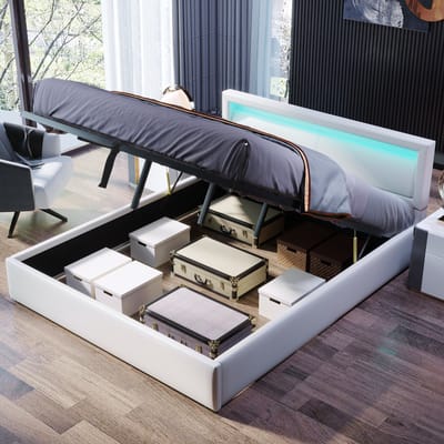 Gestoffeerd Bed met LED-verlichting - 140 x 200 cm - Tweepersoonsbed - Opbergbed met Opbergruimte - Zonder matras - Wit