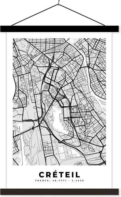 Posterhanger incl. Poster 40x60 cm - Schoolplaat - Frankrijk - Plattegrond - Kaart - Créteil - Stadskaart - Textielposter - Zwarte latten - Stadskaart