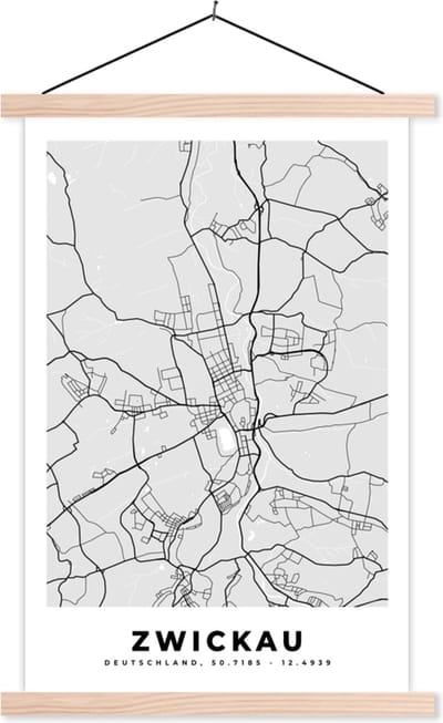 Posterhanger incl. Poster 40x60 cm - Schoolplaat - Duitsland - Plattegrond - Kaart - Zwickau - Stadskaart - Textielposter - Blanke latten - Stadskaart