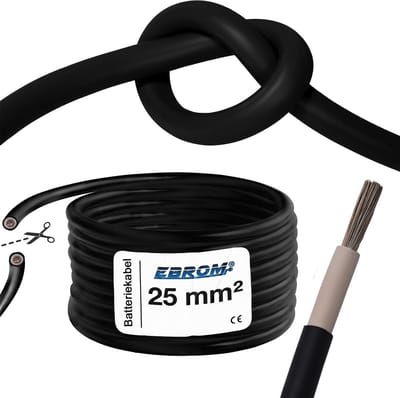 Accukabel Rubber - Stroomkabel Flexibel - Voertuigen Aansluiten - UV en Weerbestendig - 25 mm - Zwart