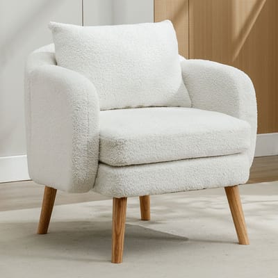 KOMHTOM Moderne, strakke fauteuil van teddyfluweel met kussens, fauteuil met extra dikke kussens, losse fauteuil, gestoffeerde fauteuil, vrijetijdsstoel, fauteuil met massief houten poten