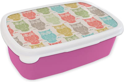 Broodtrommel Roze - Lunchbox - Brooddoos - Patronen - Uil - Vogels - 18x12x6 cm - Kinderen - Meisje