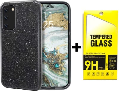 Casemania Hoesje Geschikt voor Samsung Galaxy A13 4G/ A13 5G - Zwart - Glitter Back Cover + Tempered Glazen Screenprotector