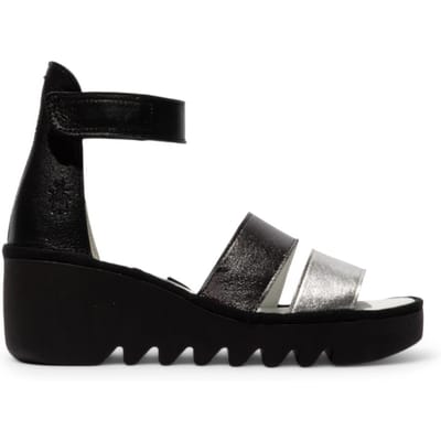 Fly London Dames BONO290FLY Zilver Zwart Idra Leren Sandalen Espadrille Wedges