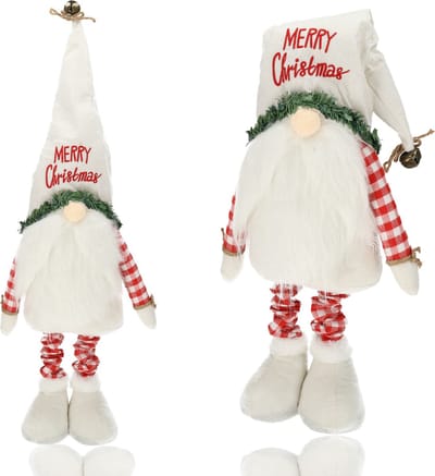 Gnome Staand van 98 cm naar 68 cm - Kerst Kabouter met Puntmuts Witte Muts - Pluche Gnome Pop - Kerstman Dwerg - Tuinkabouter en Kerstdecoratie