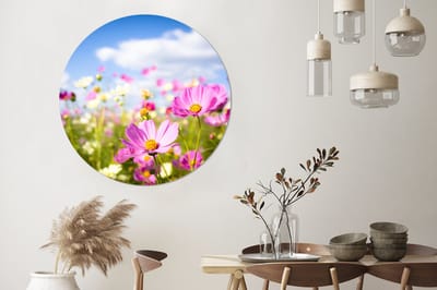 WallCircle® Wandcirkel 120x120 cm - Muurcirkel Bloemen - Wei - Paars - Gras - Wit - Wolken - Blauw - Muurdecoratie woonkamer - Wanddecoratie slaapkamer - Kamer decoratie accessoires - Ronde schilderijen XXL