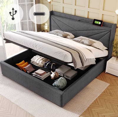 MEUNIQ tweepersoonsbed 160x200 cm met opbergruimte, lattenbodem en USB/Type-C in hoofdbord, gestoffeerd bedframe voor slaapkamer, grijs