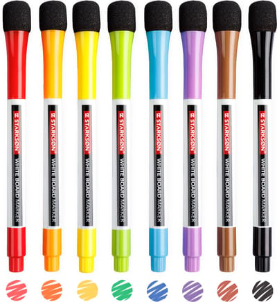 STARKSØN 8 Whiteboard Stiften Met Wisser - Magnetische Markers Met Dunne Punten - Tekenset Flipover - Zwart, Bruin, Paars, Blauw, Groen, Geel , Oranje & rood