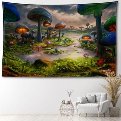 Tapisserie murale suspendue en forêt de champignons après la pluie, Style bohème abstrait et minimaliste, décoration de maison pour salon et chambre à coucher 95x73CM