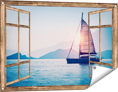 Gards Tuinposter Doorkijk Zeilboot bij Zonsondergang - 90x60 cm - Tuindoek - Tuindecoratie - Wanddecoratie buiten - Tuinschilderij