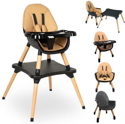 ComfyKidz® Luxe 5 in 1 Kinderstoel met Speeltafelfunctie - Meegroeistoel met Beukenhouten Poten - Baby Eetstoel - Peuterstoel - Zwart /Bruin