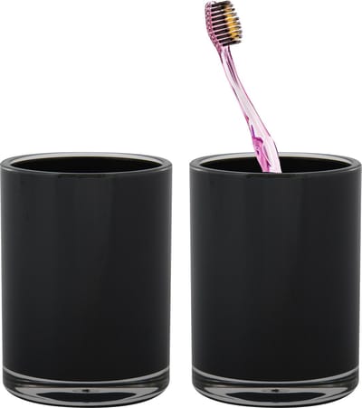 MSV Badkamer drinkbeker/tandenborstelhouder Aveiro - 2x - PS kunststof - zwart - 7 x 9 cm
