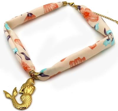Ketting - stof met RVS zeemeermin - 40-45 cm