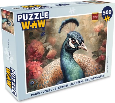 Puzzel Pauw - Vogel - Bloemen - Planten - Pauwenveren - Legpuzzel - Puzzel 500 stukjes