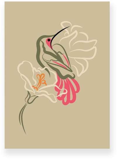 Poster 20x30 cm - Kolibrie - Vogel - Bloemen - Beige - Roze - Minimalistisch - Botanisch - Muurdecoratie - Wanddecoratie
