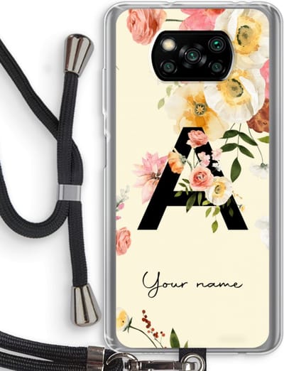 Gepersonaliseerd - Case Company® - Hoesje met koord geschikt voor Poco X3 Pro hoesje met Koord - Flirty Flowers Monogram - Telefoonhoesje met Zwart Koord - Bescherming aan alle Kanten en Over de Schermrand