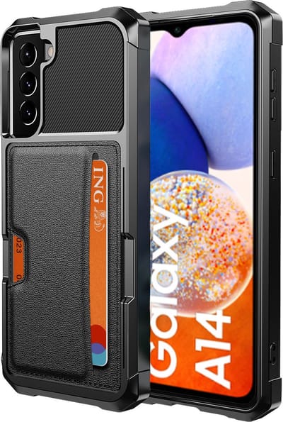 Pasjes houder Hoesje geschikt voor Samsung A14 – Pasjes houder Hoesje - Heavy Duty Case - Magnetisch Portemonnee Hoesje Cover - Zwart