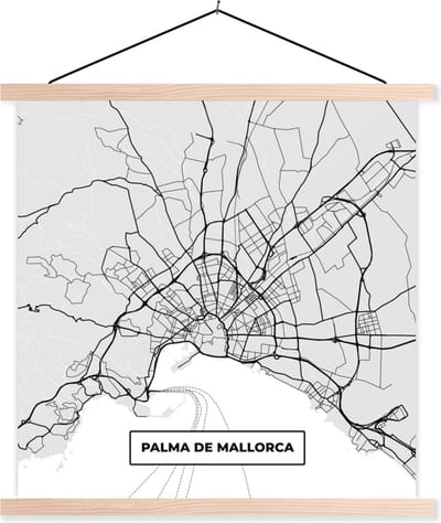 Posterhanger incl. Poster 40x40 cm - Schoolplaat - Mallorca - Stadskaart - Zwart Wit - Plattegrond - Kaart - Textielposter - Blanke latten - Stadskaart