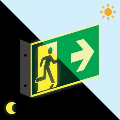 Extra lichtgevend haaks nooduitgang bord - dubbelzijdig - kunststof 300 x 150 mm