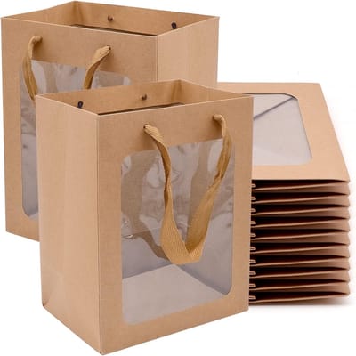 WSAMJIN 10 Pcs Brown Gift Bags with Window, Kraft Paper, Gift Bags, Hand Carrier Bag, Paper Shopping Bags for Birthday, Wedding, Party, Food Storage and More (18 x 13 x 25cm)