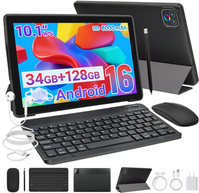 Android 16 Tablet- 10.1 inch Tablets met toetsenbord en pen- 30GB RAM(6G+24GB) - 128GB - 6000mAh - Gemini AI - WiFi6 - Zwart