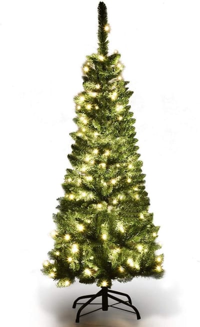 COSTWAY Kunstkerstboom van 135, 200 of 225 cm hoog, dennenboom, met warmwitte kerstverlichting, ledlampjes, inklapbaar, met metalen standaard, pvc-naalden, Kerstmis, groen (135 cm)