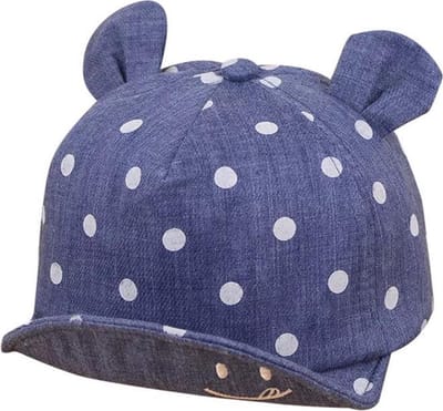 Babypet met oortjes en witte stippen - blauwe spijkerstof