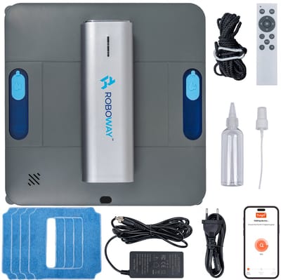 ROBOWAY® Robot raamwisser | RW-5-PRO | Raamrobot | Automatisch & Slim | Krachtige Zuigkracht 4000Pa | WiFi & Afstandsbediening | Veiligheidstouw | Microvezeldoeken | Intelligente Navigatie | Stil | Voor Ramen, Spiegels & Glasoppervlakken | Droog & Na