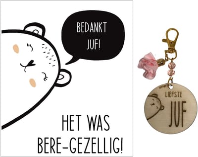 Sleutelhanger en kaartje JUF | BERE-gezellig | Roze | jij bent de liefste | liefste juf | topjuf | einde schooljaar | juffen | meester |cadeau