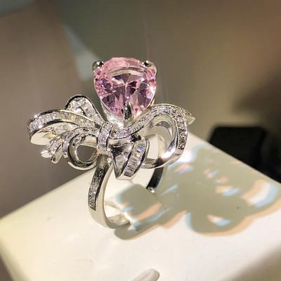 Bague nœud en zircon rose simulé carat, accessoires de fiançailles de luxe pour célébrités Adjustable opening gray