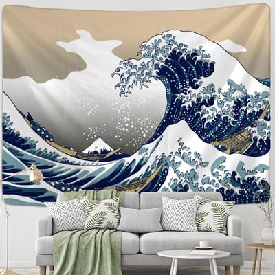 Japan Kanagawa Olieverf Wandkleed Hippie Boheemse Stijl Eenvoudige Esthetiek Kamer Huis Decoratie 95x70cm white