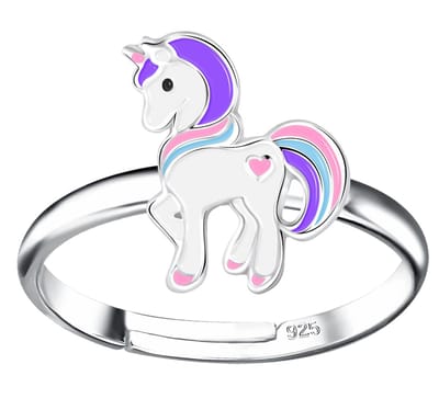 Joy|S - Zilveren pony ring - verstelbaar - eenhoorn / unicorn paard met klein roze hartje - voor kinderen