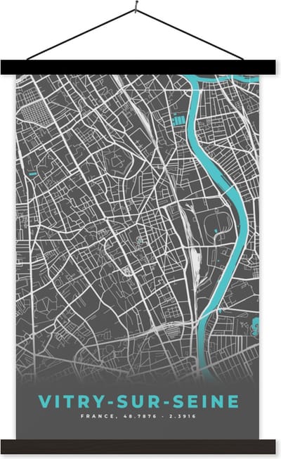 Posterhanger incl. Poster 40x60 cm - Schoolplaat - Vitry-sur-Seine - Frankrijk - Plattegrond - Kaart - Stadskaart - Textielposter - Zwarte latten - Stadskaart