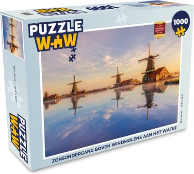 Puzzel Zonsondergang boven windmolens aan het water - Legpuzzel - Puzzel 1000 stukjes volwassenen