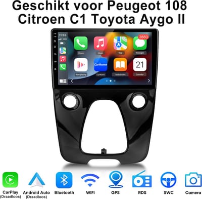Junsun Android 15 Autoradio Geschikt voor Peugeot 108/Toyota Aygo/Citreon C1 2015-2021 - 4GB+64GB - Draadloze CarPlay & Andriod Auto - GPS-navigatiesysteem - Bluetooth - 10-inch Touchscreen - SWC - WiFi - RDS - USB