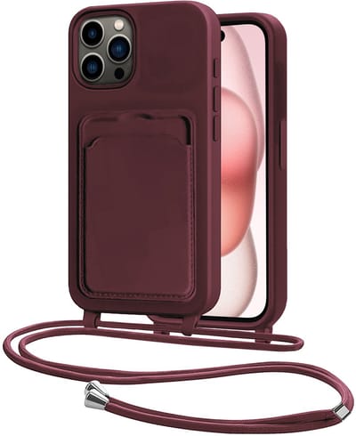 Hoes Geschikt voor iPhone 14 Pro Hoesje Pasjeshouder Cover Met Koord Case Siliconen Hoes Met Telefoonkoord en Kaarthouder - Aubergine