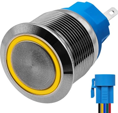 ProRide Metalen Pulsschakelaar 12V OFF-(ON) - 22mm - Momentschakelaar met Aansluitkabel - Spatwaterdicht - 12V/24V - LED Indicatie Geel